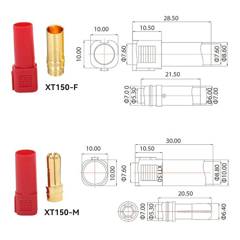 RJXHOBBY 3pairs XT150 6mm Banana Connector Male and Female Gold Plated Max.60A Continuous/130A Peak Current for Lipo Battery
