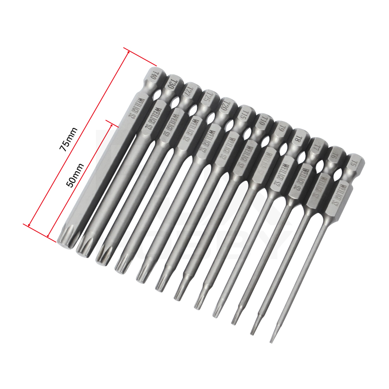 RJXHOBBY 12pcs 1/4 Inch 6.35mm Length 75mm Plum Magnetic Screw Driver Bits Sets T5 T6 T7 T8 T9 T10 T15 T20 T25 T27 T30 T40 Hex Shank
