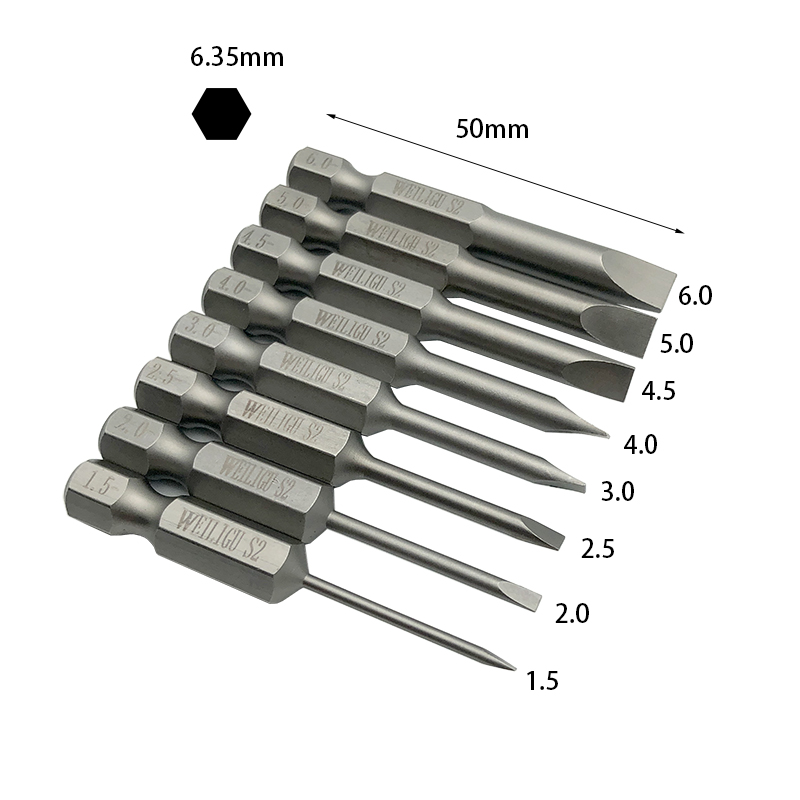 RJX 8pcs 1/4 Inch 6.35mm Length 50mm 1.5 / 2.0 / 2.5 / 3.0 / 4.0 / 4.5 / 5.0 /6.0mm Flat Head Screw driver 