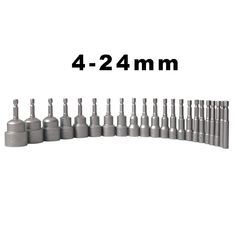 RJX 21pcs 65mm Hexagon Nut Setter Socket Driver Drill 1/4'' 6.35mm Hex Shank 4-24mm 