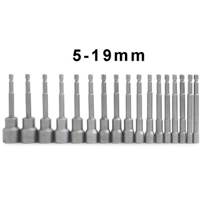 RJX 16pcs 100mm Hexagon Nut Setter Socket Driver Drill 1/4'' 6.35mm Hex Shank 5-19mm