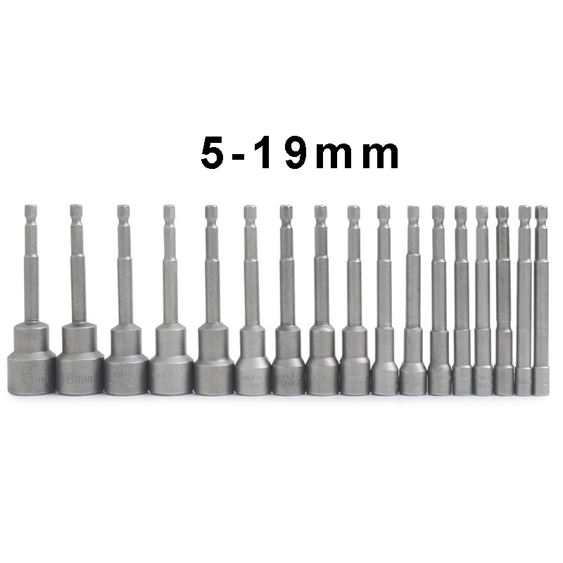 RJX 16pcs 100mm Hexagon Nut Setter Socket Driver Drill 1/4'' 6.35mm Hex Shank 5-19mm