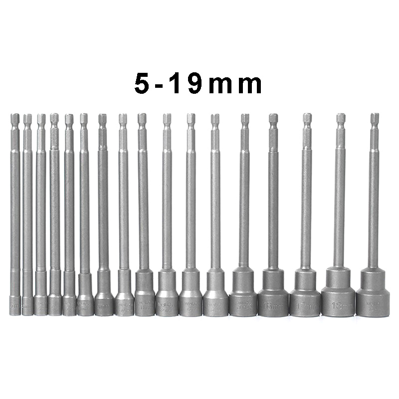 RJX 16pcs 150mm Hexagon Nut Setter Socket Driver Drill 1/4'' 6.35mm Hex Shank 5-19mm