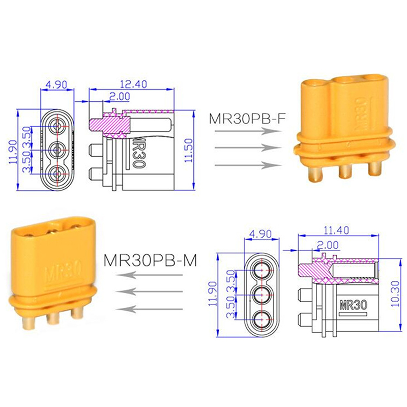 RJX 10 Pairs Amass MR30PB plug circuit board with XT30 3-pin  for model aircraft battery connectors 