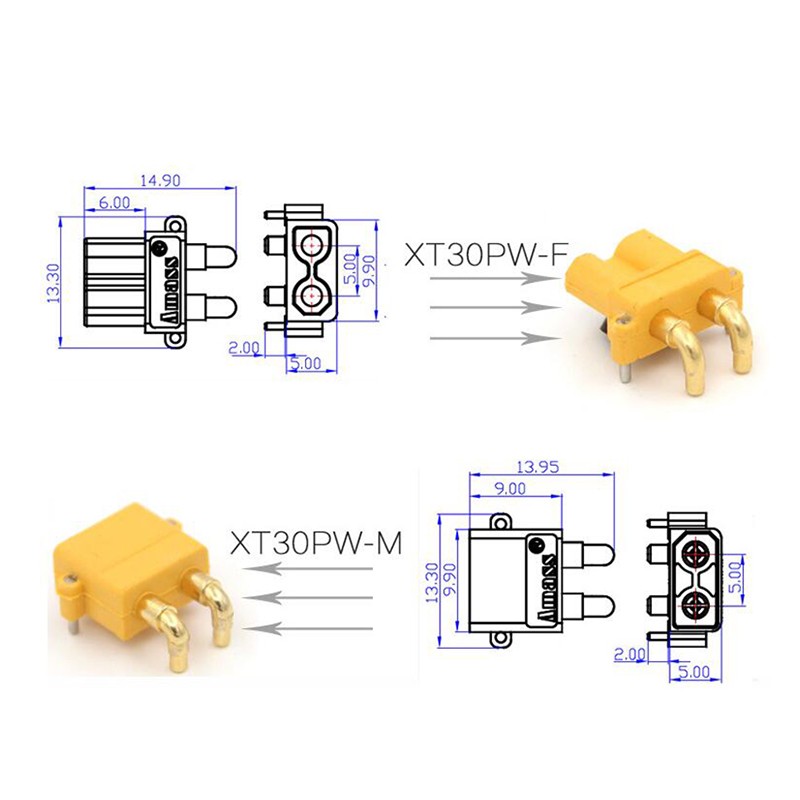 RJX 5 Pairs Amass XT30PW ESC Motor PCB board plug Banana Golden XT30 Upgrade Right Angle Plug Connector for RC Mode