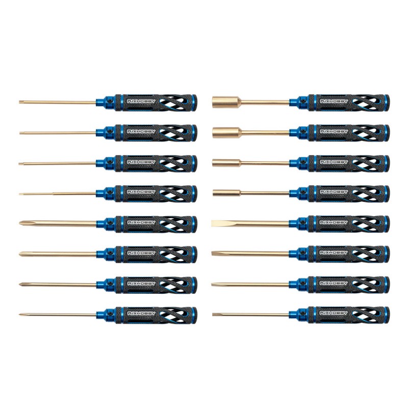 RJXHOBBY Supper Light Knurled Grip HSS titanized Hex /Nut/ Phillips/ Flat Screwdriver 16 pcs kits