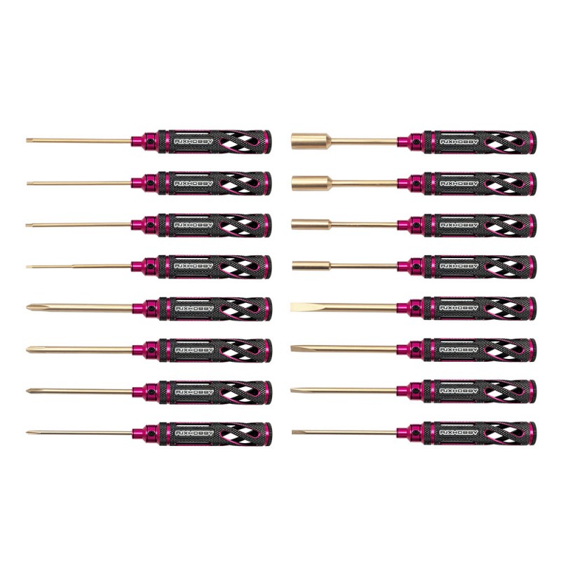RJXHOBBY Supper Light Knurled Grip HSS titanized Hex /Nut/ Phillips/ Flat Screwdriver 16 pcs kits