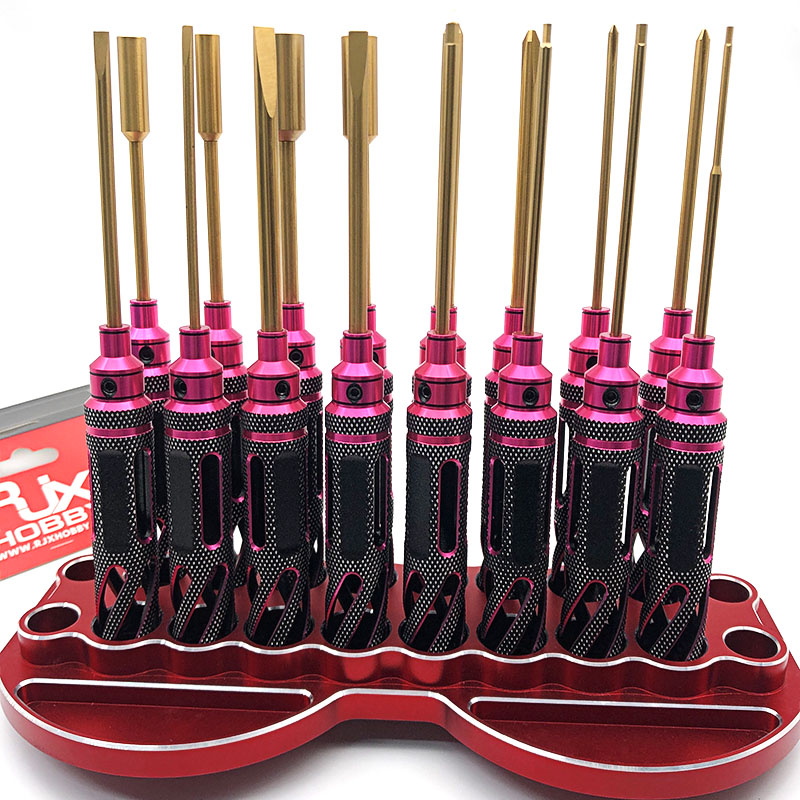 RJXHOBBY Supper Light Knurled Grip HSS titanized Hex /Nut/ Phillips/ Flat Screwdriver 16 pcs kits