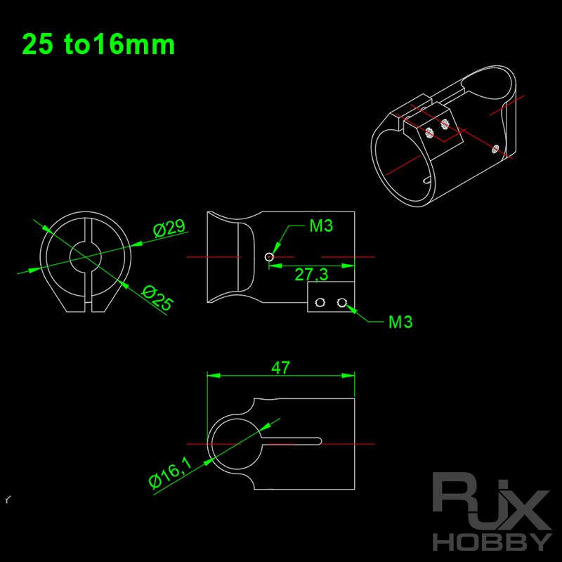 RJXHOBBY 1pcs tee tripod connector clamp 25mm to 16mm landing gear tube clip for quadcopter multicopter DIY model airplane