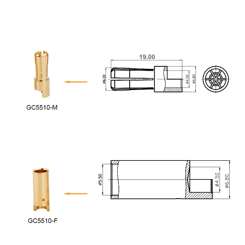 RJX 20 Pairs 5.5mm Gold Bullet Banana Connector Plug 5.5mm Male & Female Bullet Connector