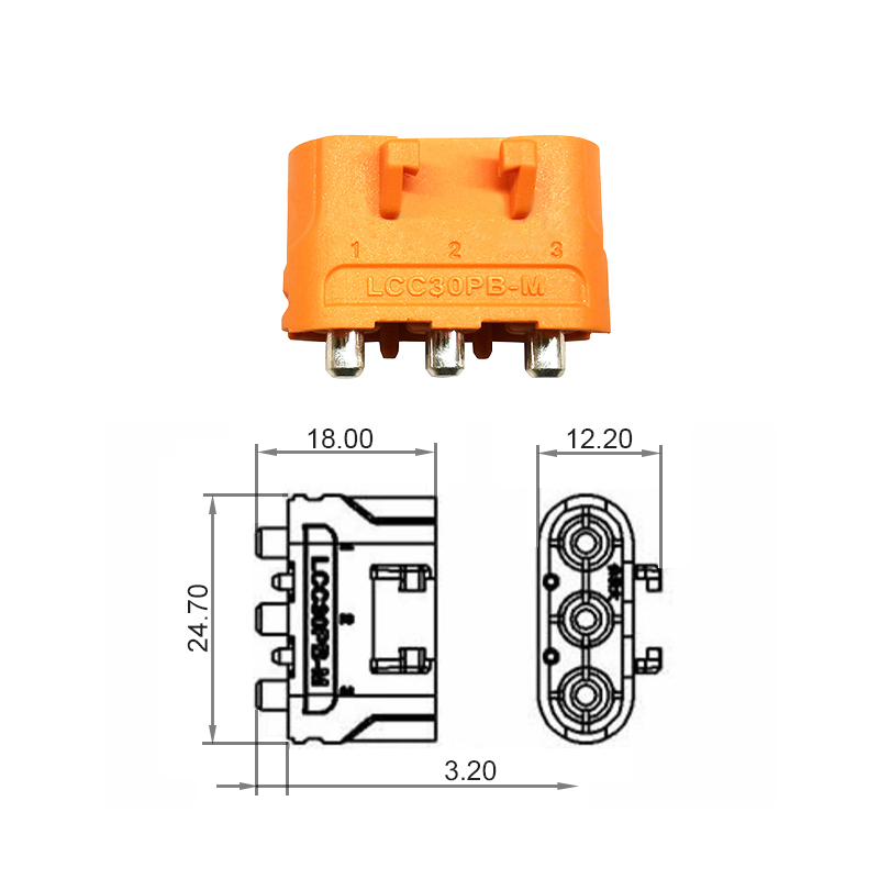RJX Amass 10pcs Male 3PIN LCC30PB Copper Silver Plated Lithium Battery Connector For Smart Appliance