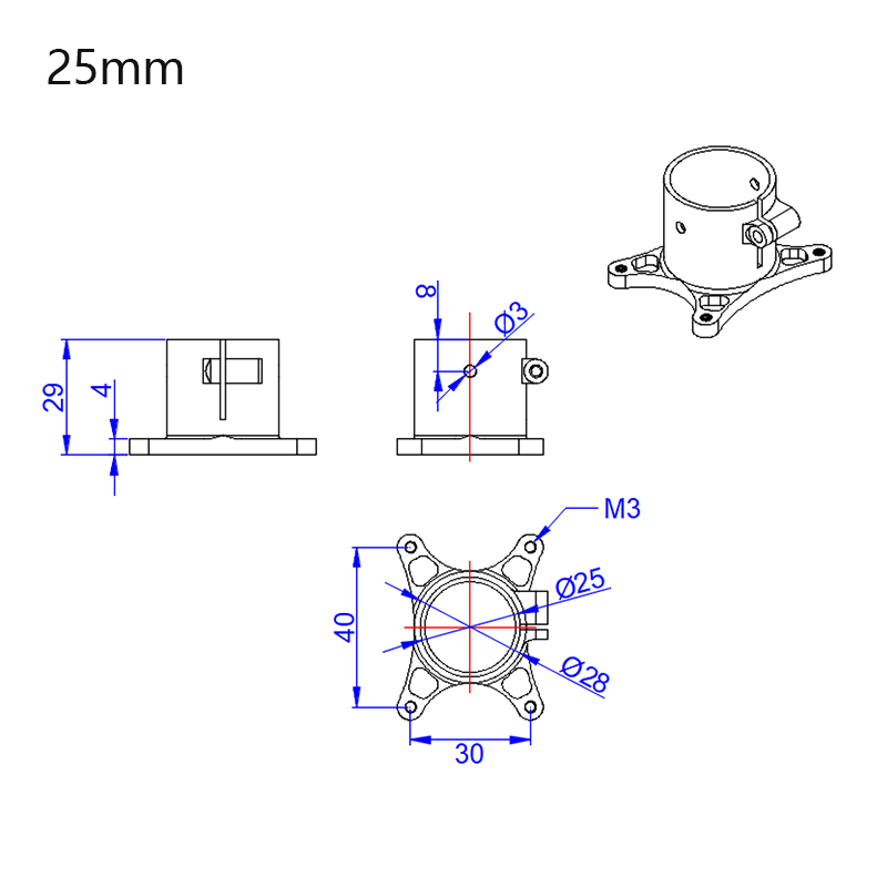 RJX 1pcs 25mm Tripod Aluminum Tilt Fixed Seat Landing Gear Connector