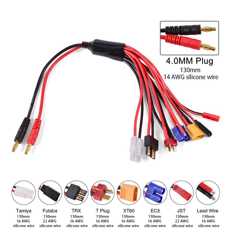 RJX 1pcs 8 in1 RC Charger Adapter Connector 4.0mm Banana Connector To EC3 XT60 JST TRX Tamiya Futaba T Plug Lead Wire