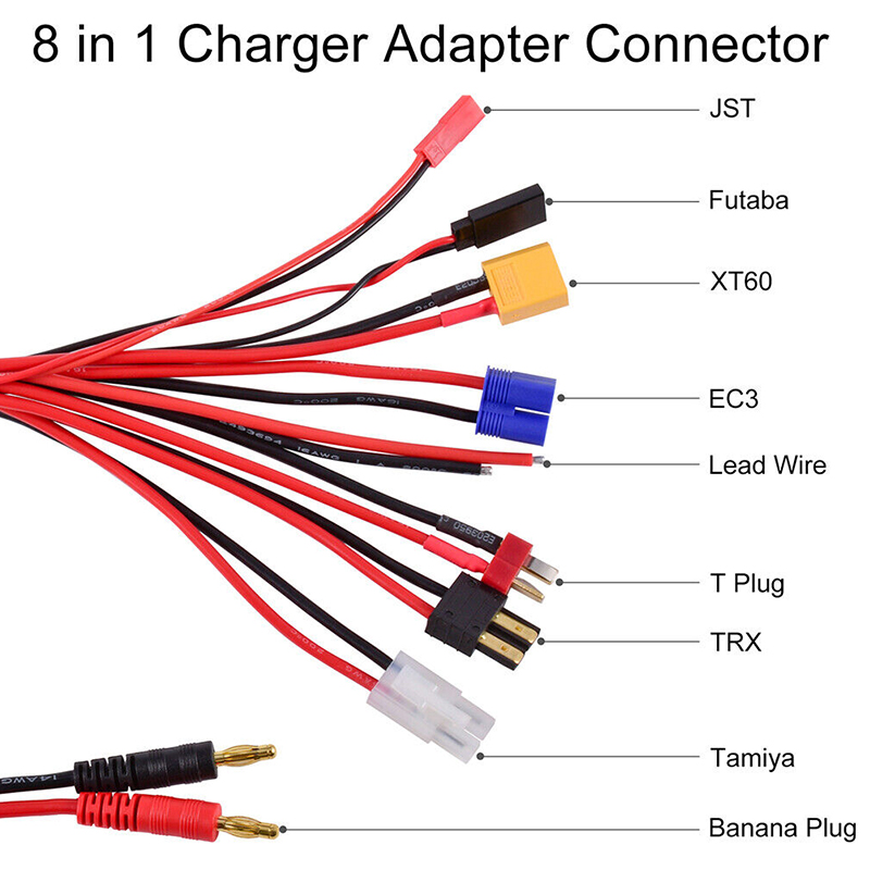 RJX 1pcs 8 in1 RC Charger Adapter Connector 4.0mm Banana Connector To EC3 XT60 JST TRX Tamiya Futaba T Plug Lead Wire