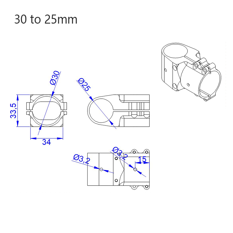 RJX 1pcs Alum 25 to 25mm / 30 to 30mm / 30 to 25mm / 30 to 40mm Tee Joint  Landing Gear Connector Adapter for RC Plant UAV Drone