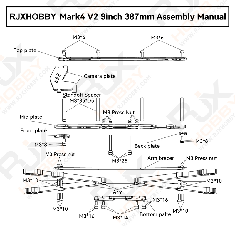 RJX Mark4 V2 9inch 387mm Carbon Fiber Plain matte Frame Kit For RC FPV Racing Drone