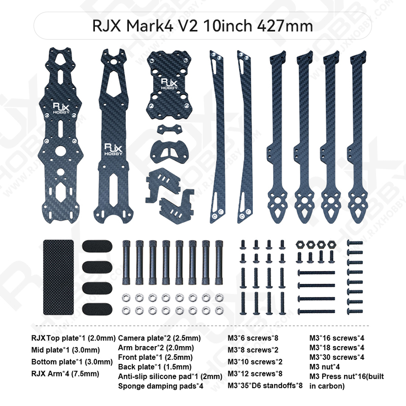 RJX Mark4 V2 10inch 427mm Carbon Fiber Twill matte Frame Kit For RC FPV Racing Drone