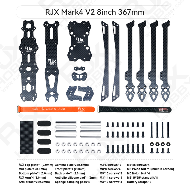 RJX Mark4 V2 8inch 367mm Carbon Fiber Plain matte Frame Kit For RC FPV Racing Drone
