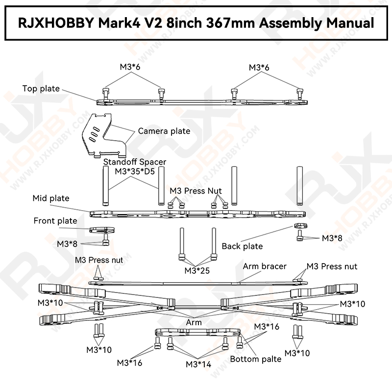 RJX Mark4 V2 8inch 367mm Carbon Fiber Plain matte Frame Kit For RC FPV Racing Drone