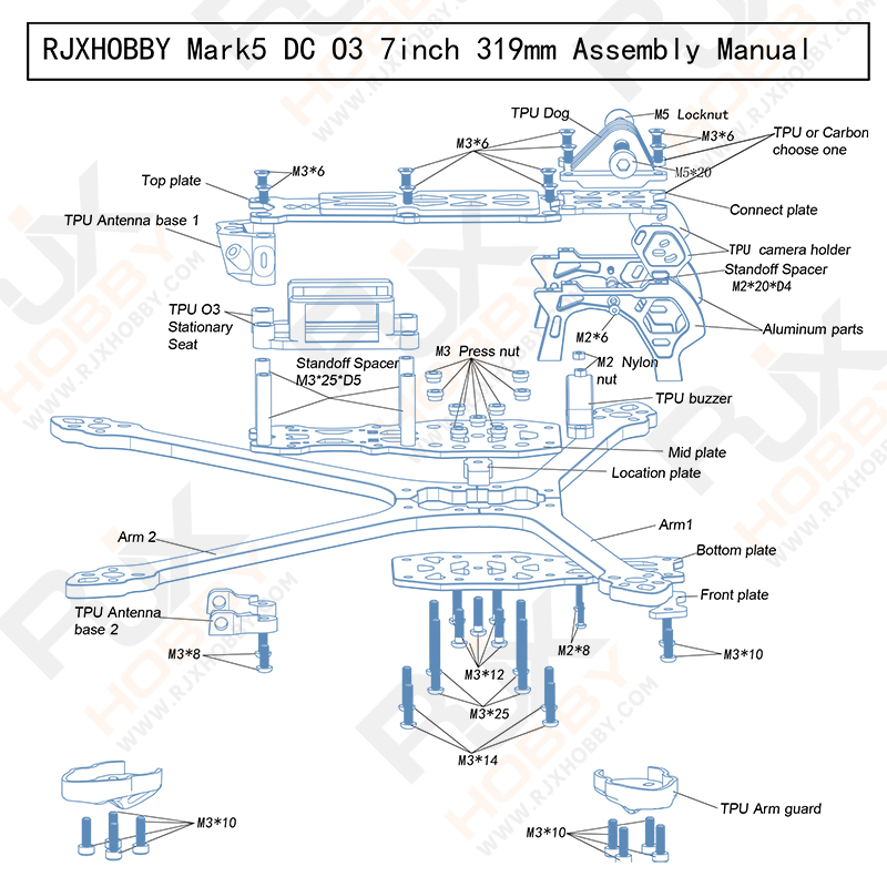 RJXHOBBY Mark5 DC O3 7inch  319mm Carbon Fiber Twill matte Frame Kit For RC FPV Racing Drone