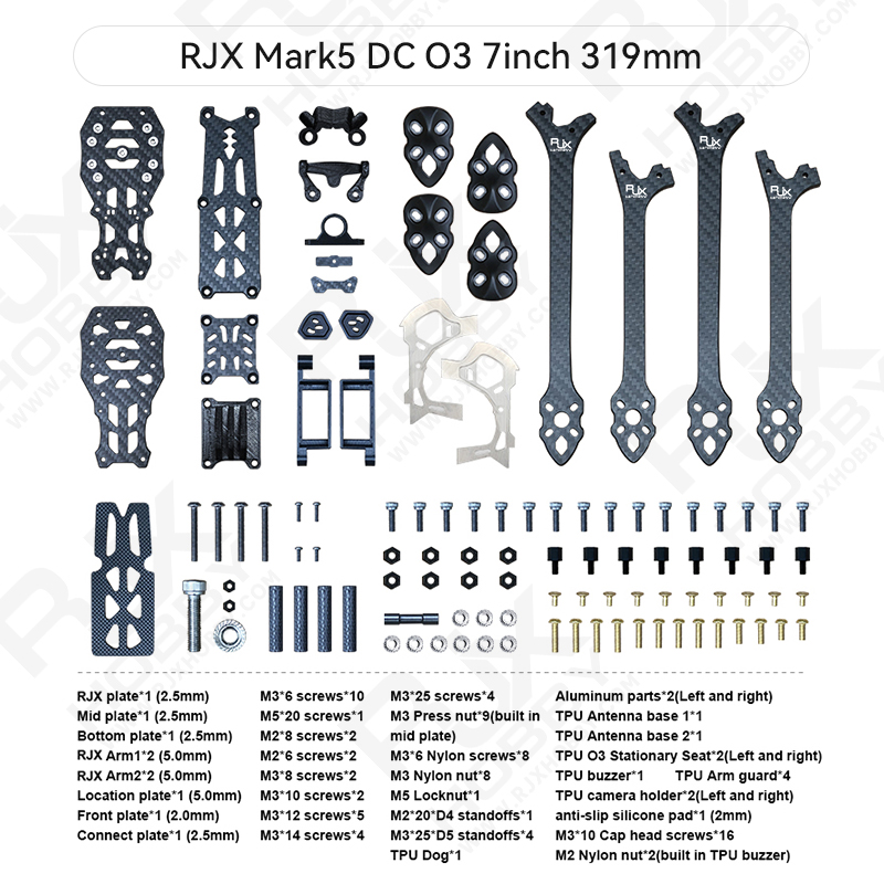 RJXHOBBY Mark5 DC O3 7inch  319mm Carbon Fiber Twill matte Frame Kit For RC FPV Racing Drone