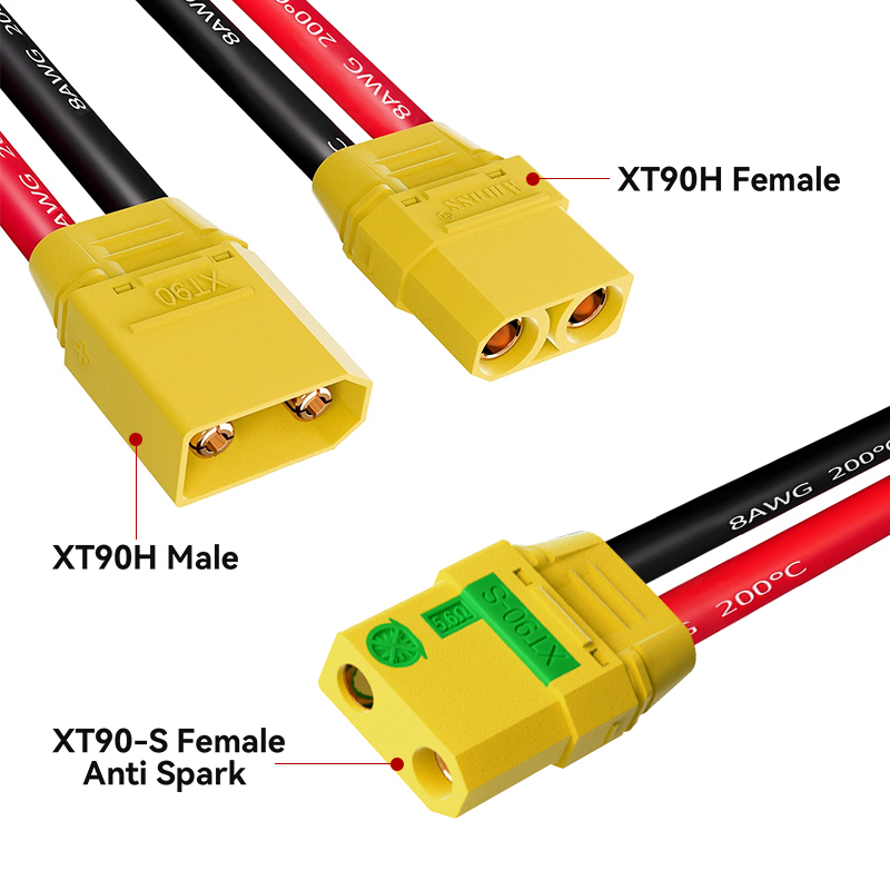 RJXHOBBY 1pcs XT90 Male/Female/ Female Anti Spark to 6.2mm copper nose with 8AWG Cable Mount Connector Plug