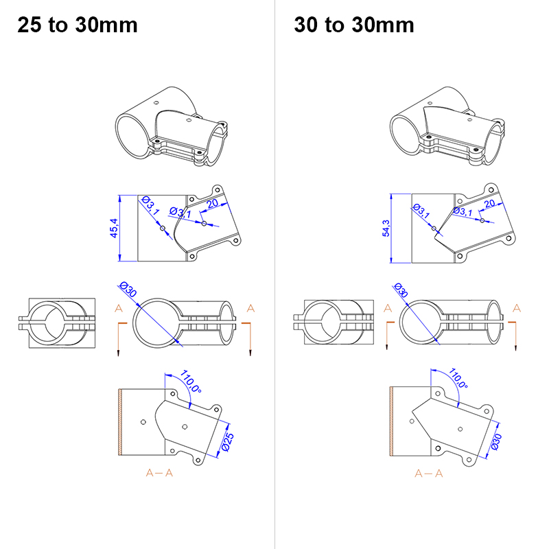 RJX 1pcs 16mm / 20mm / 20 to 25mm / 20 to 30mm /25mm / 25 to 30mm / 30mm / 40mm Tee Joint Landing Gear Connector for RC Plant UAV Drone