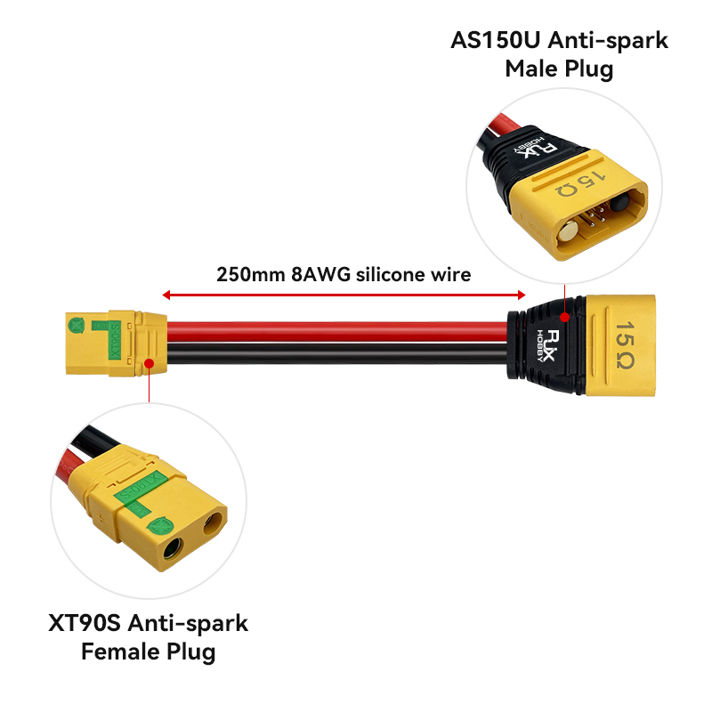 RJX 1pcs AMASS AS150U Male to XT90S Plug Female 8AWG 250mm RC Charger Extension Cable Battery Extension Cable