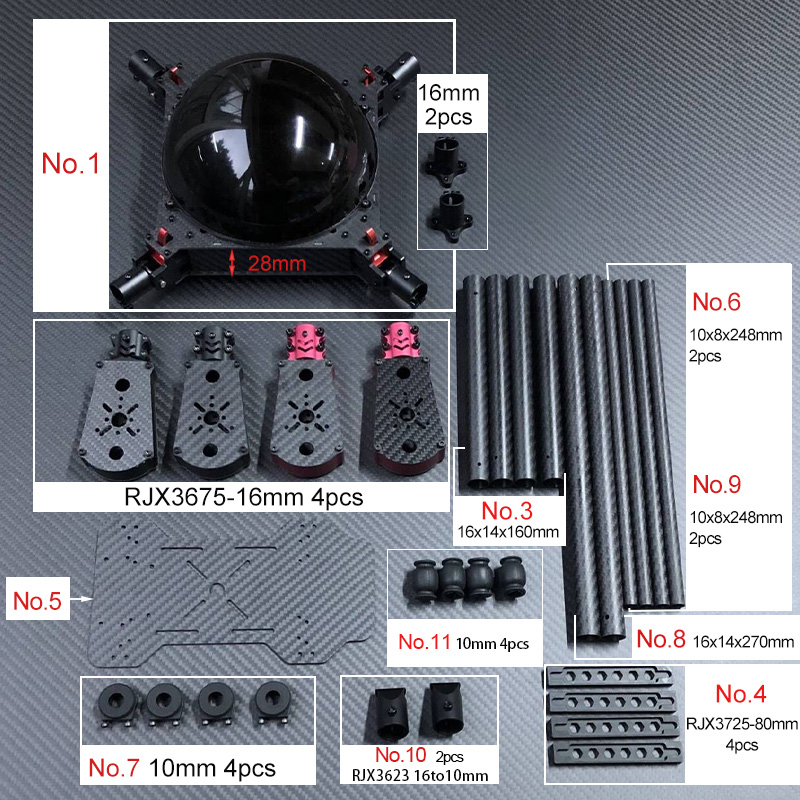 RJX650 4-Axis Carbon Fiber Umbrella Folding Quadcopter Frame with Motor Mounts